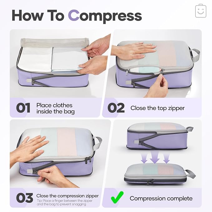 Veken 11 Set Compression Packing Cubes for Travel Essentials,Compressible Expandable Luggage Suitcase Organizer Bags with Garment Bag,Space Saver Bags with Over 1000 pcs of Mesh Holes(Purple Gray) - Image 3