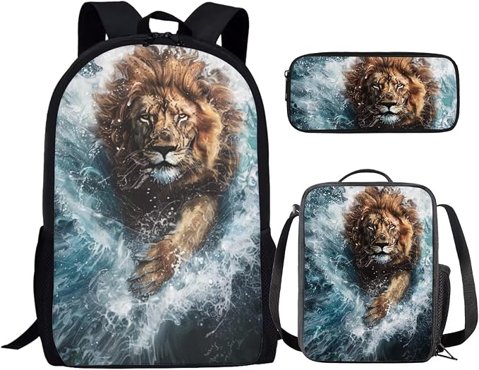 17 Inch Animal Print School Backpack And Lunch Box Set for Kids Lightweight Cool Lion Backpack for Boys Girls Sturdy School Bag with Insulated Lunchbox Pencil Case Student Bookbag by Parprinty