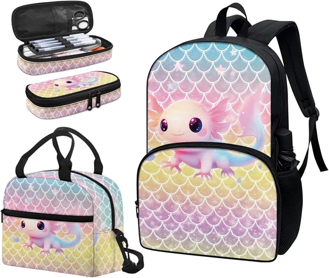 Pink Yellow Axolotl Backpack for Girls Kids High School Middle School Bag with Lunchbox Pencilcase Travel Rucksack Daypack Large Backpack with Front Pocket - Image 6