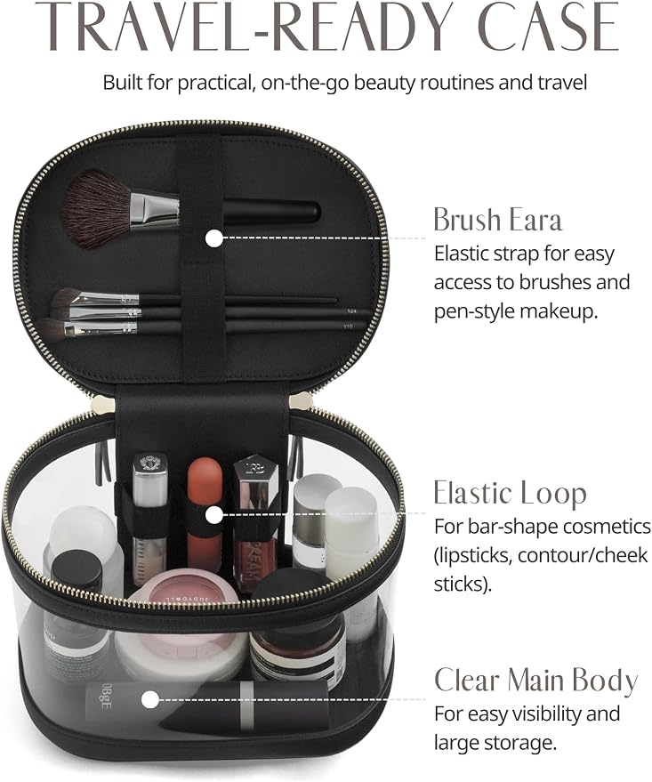 Popvibe Travel Makeup Bag Clear Compact Make Up Vanity Case with Brush Storage and Top Handle, Toiletry Makeup Case Traveling Leather Cosmetic Bag, Portable Medium Large Sized Train Case, Black - Image 2