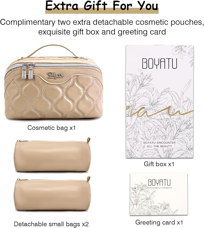 BOYATU Travel Makeup Bags for Women Cosmetic Bag: Puffy Make up Bags Set of 3 - Vegan Leather Makeup Organizer - Waterproof Large Toiletry Bag with Compartments - Travel Essentials (H-2-Khaki) - Image 8