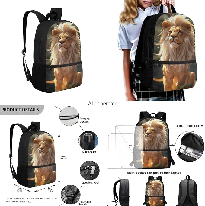 Lion Backpack for Kids Girls Backpack with Lunch Box Water Bottle Pouch and Big Pencil Pouch 4PCS Set Bookbag with Front Pocket 17 inch Sturdy School Bag for Boys Kids Back to School Gifts - Image 3