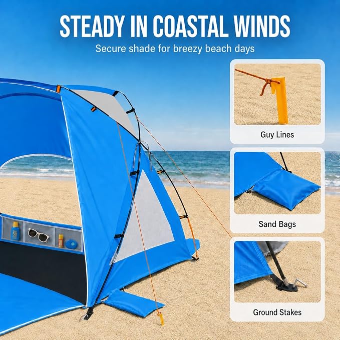 Beach Tent, Portable Sun Shelter for 2/3/4/6-8 Person with UPF 50+ UV Protection, Easy Setup Waterproof Beach Shade Canopy Cabana for Family Outdoor and Picnics, Fishing with Carrying Bag - Image 6