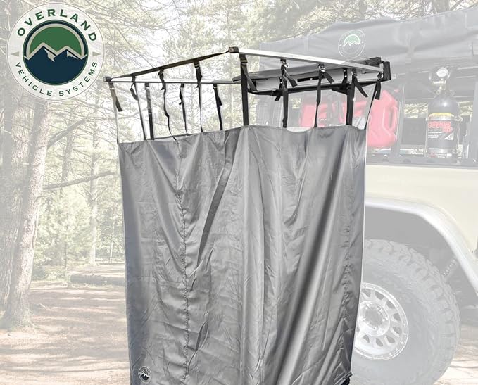 Overland Vehicle Systems HD Nomadic Car Side Shower Room with Black 1000G PVC Travel Cover, Universal L - Brackets, Dark Grey Body with Silver Inner Lining - Image 3