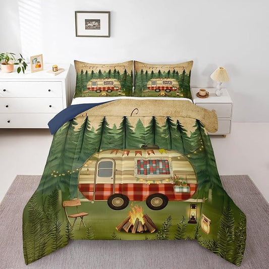 Erosebridal Rustic Farmhouse Style Comforter Set Twin,Happy Camping Bedding Set for Camper Bedding Comforter Sets Bedroom Decor,Vintage Woodland Trees Duvet Insert with 1 Pillowcase Home Room Decor by Erosebridal