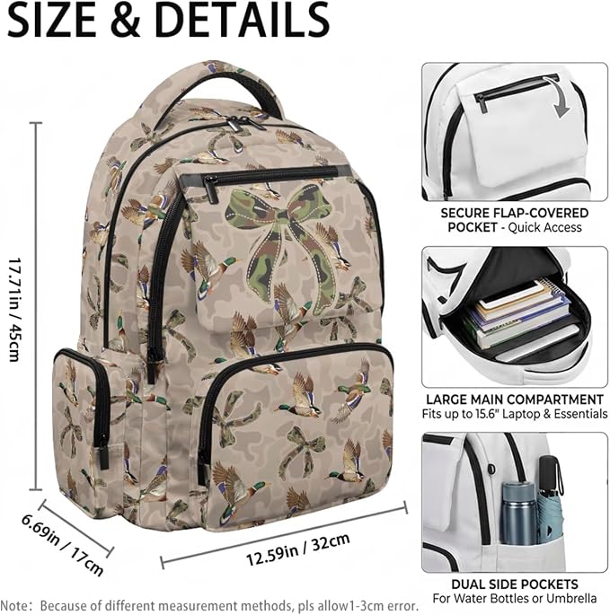 Camo Duck Bow Kids Backpack Set 4Pcs, 17 Inch School Bag | Lunch Bag, Pencil Case and Water Bottle Holder, Multi-Pocket Design, Durable, for Elementary Middle School Daily Carry - Image 4