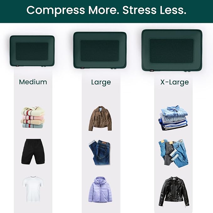 NOBL Travel Compressible Packing Cubes Set, 6 Pieces Travel Packing Organizers, Compression Luggage Cubes for Suitcases & Carry On, Space Saving (XXS, XS, S, M, L, XL) - Forest Green - Image 4