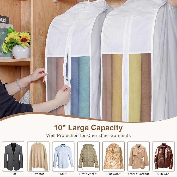 43" Premium Cotton Garment Bag for Hanging Clothes, Breathable Suit Bags for Closet Storage with Extre Large 10" Gusseted & Clear Window, Dust Cover with Zipper for Suits, Jacket, 1 Pack - Image 5