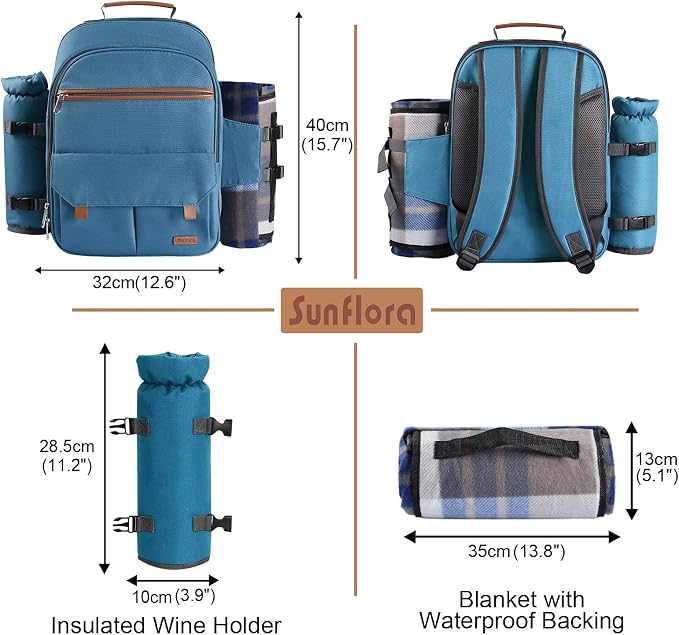 Sunflora Picnic Backpack for 4 Person Set Pack with Insulated Waterproof Pouch for Family Outdoor Camping(Light Blue) - Image 4