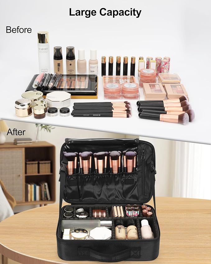 Relavel Makeup Bag Travel Makeup Train Case Large Cosmetic Case Professional Portable Makeup Brush Holder Organizer and Storage with Adjustable Dividers and Shoulder Strap Black - Image 4