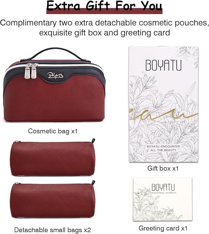 BOYATU Travel Makeup Bag Organizer Cosmetic Bag: 3 Pcs Set Make up Bags for Women with Handle - Waterproof Vegan Leather Toiletry Bags Travel Essentials Pouch with Compartments (A-04-Red) - Image 6