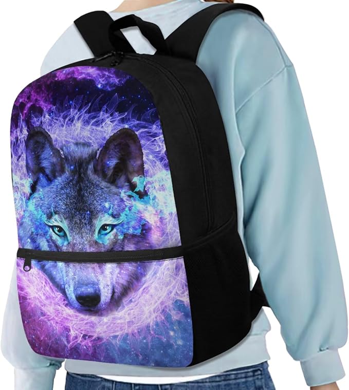 Galaxy Wolf Backpack for Girls Kids Backpack with Lunch Box Water Bottle Bag and Soft Pencil Case 4PCS Set Bookbag with Front Pocket for School 17" Large Capacity School Bag with Side Pocket - Image 2