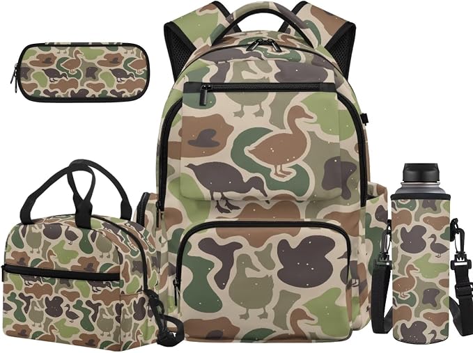 Duck Camo Kids School Backpack Set, 4 Piece 17 Inch Backpack with Lunch Bag, Pencil Case and Water Bottle Holder, Lightweight 600D School Bag for Elementary Middle School by Unknown