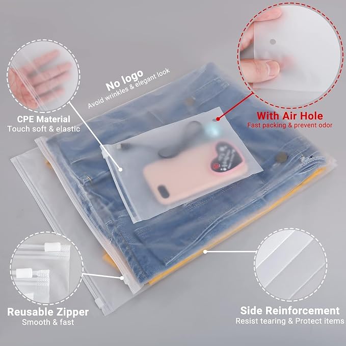 Clothes Packaging Bags for Shipping, 200 Count 10x13 inch Frosted Zipper Plastic Bags for Clothing, Clear Plastic Apparel Bag for Packaging T-Shirt, Shirt, Document, 3 Mil, with Vent Holes - Image 6