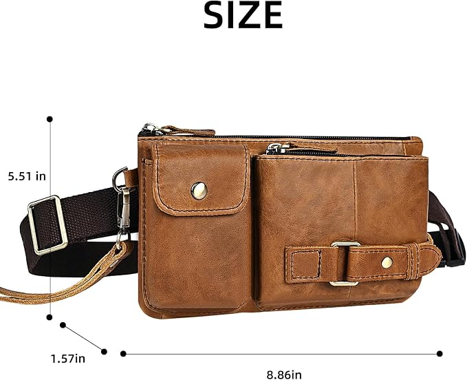 Water Resistant Canvas + Leather Hiking Riding Travel Fanny Waist Pack Small Phone Pouch For Men Women FB811-29 (100% Leather-The 8135 Light Brown) - Image 7
