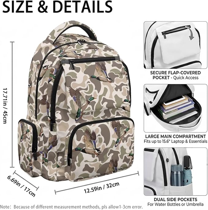 Mallard Duck Camo Kids Backpack Set 4Pcs, 17 Inch School Bag | Water Bottle Holder, Durable 600D Multi-Pocket Design, for Elementary Middle School Students, Great Back to School Gift - Image 4