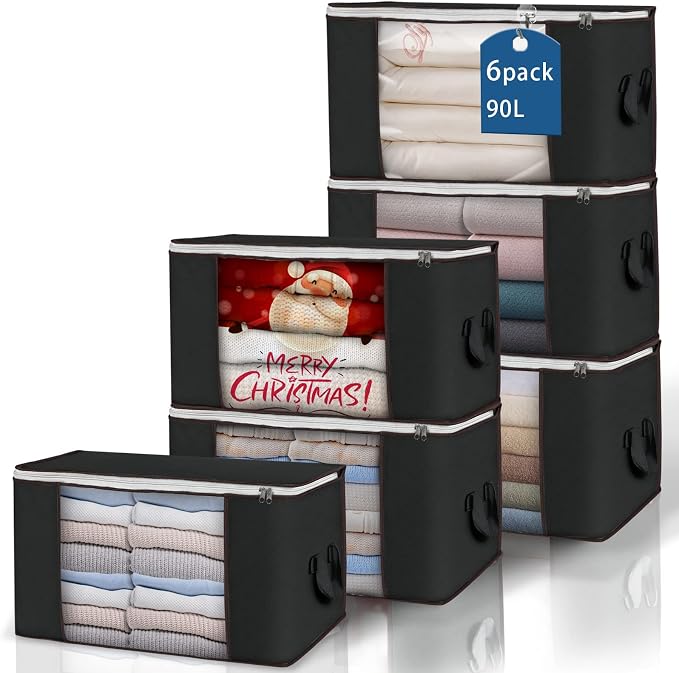 Large Storage Bags, 6 Pack Clothes Storage Bins Foldable Closet Organizers Storage Containers with Durable Handles Thick Fabric for Blanket Comforter Clothing Bedding 90 L (Black) | Foldable Storage Containers, with Reinforced Handle, for Clothing, Bla... by BuddingJoy-BuildaJoyfulLifeforYou