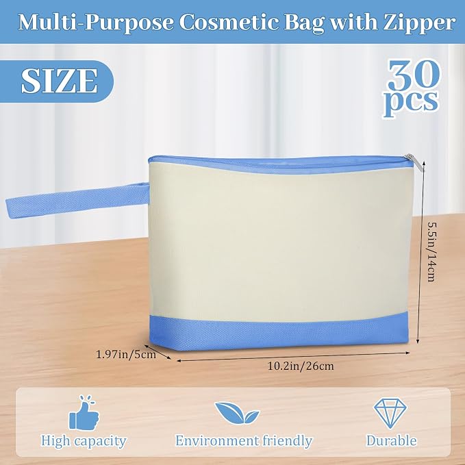 Silkfly 30 Pcs Cotton Canvas Makeup Bags Cosmetic Zipper Bags 10.2 x 5.5 x 2'' Blank DIY Pouch Bulk Pencil Case with Bottom Travel Toiletry Pouch for Women Craft Decor Gift (Blue,Green) - Image 2
