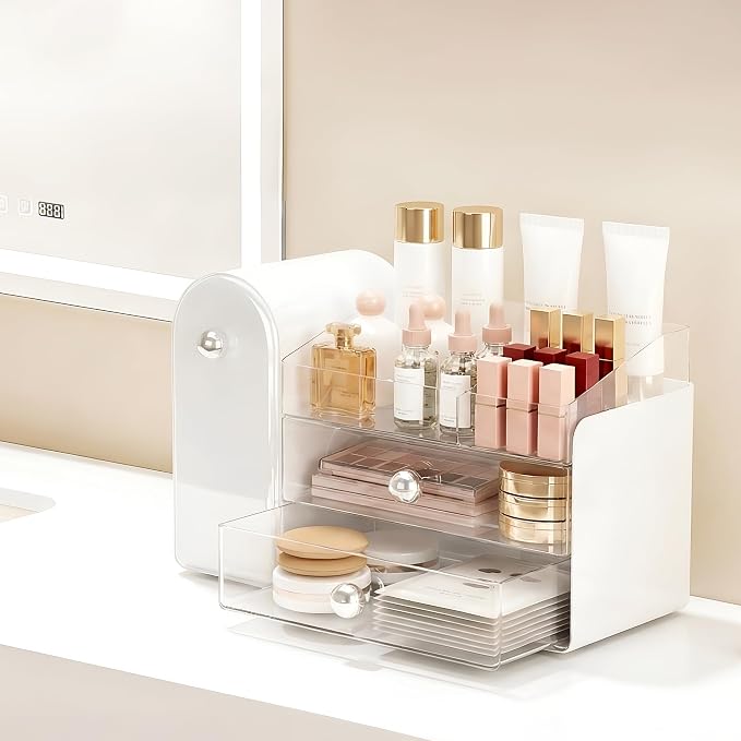 lurcns Makeup Organizer with Dustproof Brush Holder for Vanity, Large Cosmetics Organizer and Bathroom Countertop Skincare Storage with 2 Clear Drawers for Lipstick, Perfume, Eyeshadow Palettes,White - Image 4