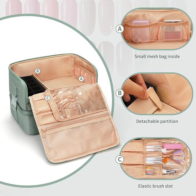OCHEAL Nail Polish Organizer, Holds Nail Lamp and 45+ Bottles,3 Usage Modes Detachable Nail Storage Bag Travel Nail Tech Case Holds Nail Kit Stuff Manicure Tools -Green - Image 4