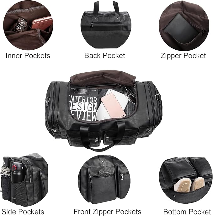 Travel Bag with Shoe Pouch,Weekender Overnight Bag Leather Large Carry On Bag - Image 4