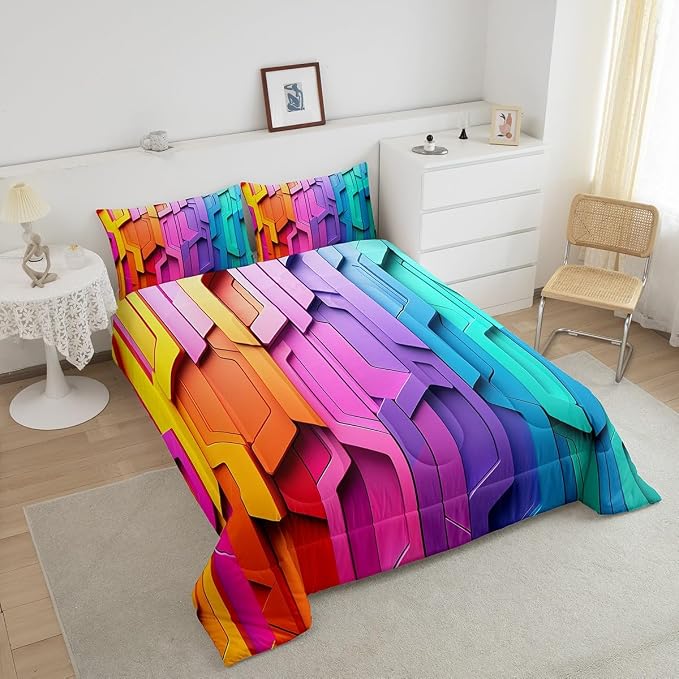 Erosebridal Rainbow Comforter Set Geometric Stripes Duvet Sets for Kids Girls Teens Women Bedroom, Soft Microfiber Down Comforter Luxury All-Season Bedding Set 2 Pcs with 1 Pillow Case, Twin Size - Image 4