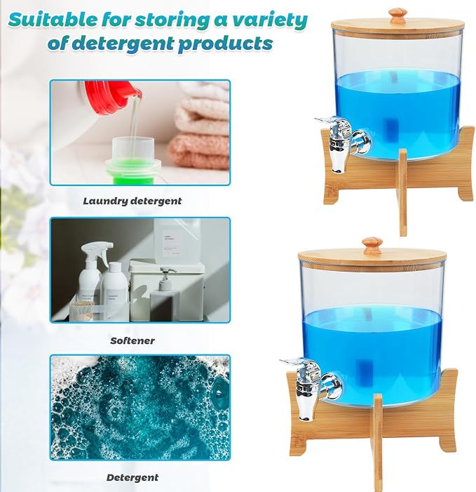 Laundry Detergent Dispenser*2 with Shelf & Bamboo Lid for Liquid Detergent, Laundry Soap Scent Booster & Fabric Softener Dispenser for Laundry Room Organization and Storage with 2 Cups & 20 Labels - Image 4