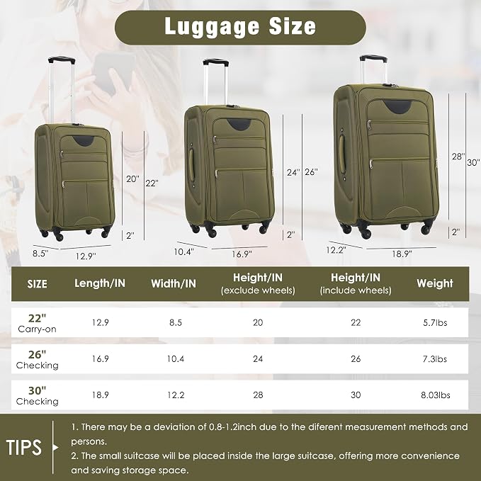 Merax Softside Luggage Set 3 Piece Suitcase with Duffel Bag Spinner Wheels | Lightweight Expandable Travel Luggage 22" 26" 30",Army Green - Image 2