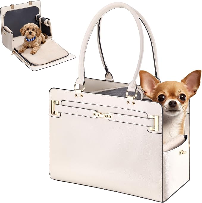 Dog Purse Carrier for Small Dogs, Stylish Foldable Pet Carrier Purse Tote Bag with Washable Cushion & Safety Leash, Airline Approved Puppy Travel Bag with Pockets (White) by GLOBLYTE