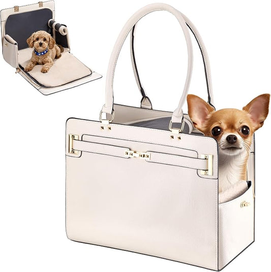Dog Purse Carrier for Small Dogs, Stylish Foldable Pet Carrier Purse Tote Bag with Washable Cushion & Safety Leash, Airline Approved Puppy Travel Bag with Pockets (White) by GLOBLYTE