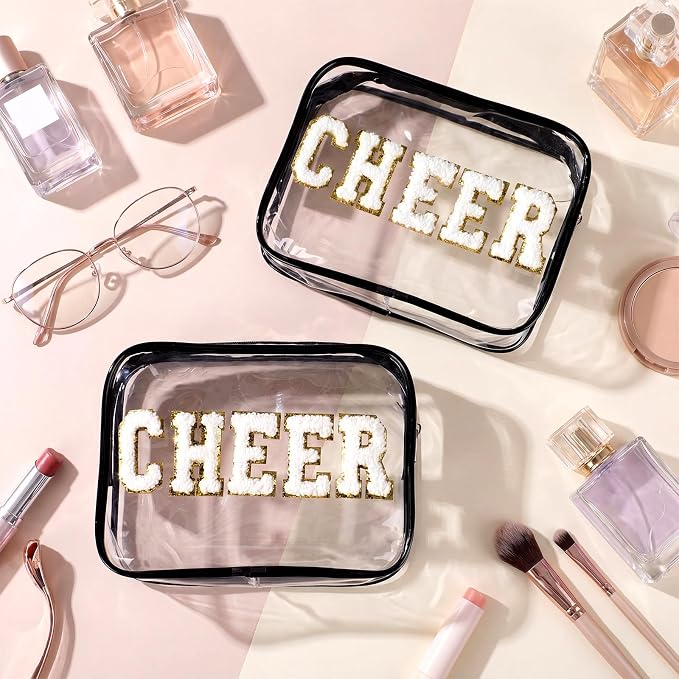 Kacctyen 12 Pack Cheer Clear Makeup Bags Bulk with Chenille Cheer Letter Patches Small Waterproof Cosmetic Pouch Zipper Travel Toiletry Bag Organizer for Women Girls Cheerleading Team Gift, Black - Image 2