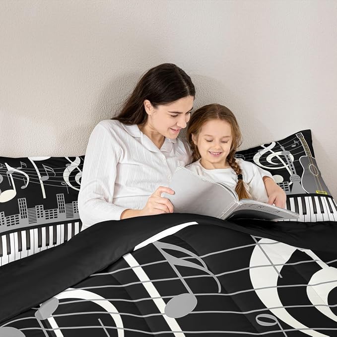 Erosebridal Paino Keys Bedding Set King Size Musical Notes Comforter Set Guitar Rock Music Bedding Comforter for Kids Boys Teens Men Retro Black White Grey Down Comforter Bedroom Decor 3 Piece - Image 5