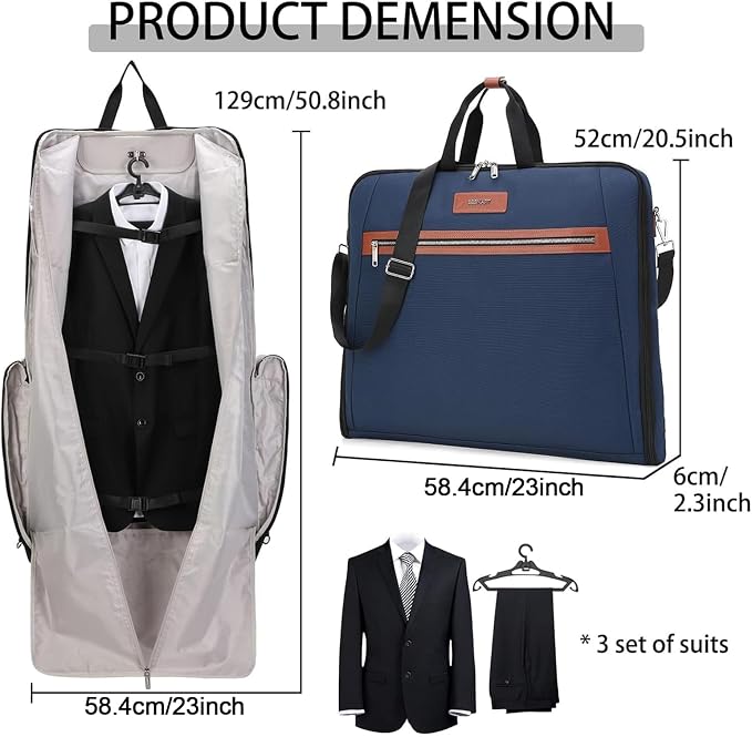 BESMART Garment Bags for Travel, 51" Large Suit Bag for Business Trips | Waterproof,Hangs 3 Suits,Foldable,Wrinkle Free Spacious Luggage Suit Cover,Adjustable Strap,Carry On Flight Approved,Blue - Image 4