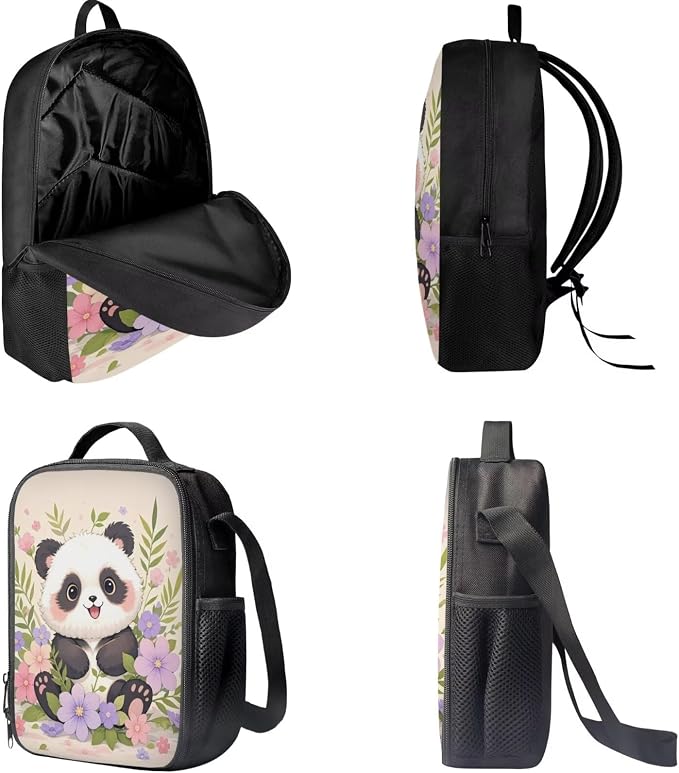 Forchrinse School Backpack for Girls 3Pcs Panda Backpacks Set with Lunch Box Pencil Case Kids 17 Inch Bookbag Large Capacity School Bag for Kindergarten/Elementary/Preschool - Image 5
