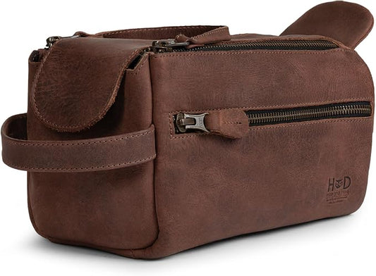 Hide & Drink, Toiletry Bag w/Handles, Hygiene Organizer, Travel Dopp, Razor Case, Bathroom, Shaving, Cosmetic Storage, Travel & Grooming Essentials, Full Grain Leather, Handmade, Bourbon Brown by HideDrink