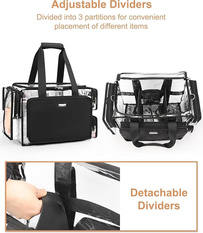 Relavel Clear Makeup Bag with 2 Small Pouches, Professional Makeup Artist Kit Set, Portable Cosmetic Storage Organizer Hair Stylist Travelling Bag with Adjustable Dividers & Shoulder Strap - Image 4