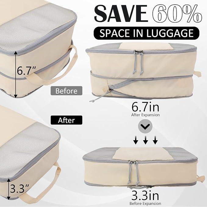 Extra Large Compression Packing Cubes, 2 Set Compression bags for Travel Packing Organizer, Expandable Compression Cubes for Travel, Beige Mesh - Image 2