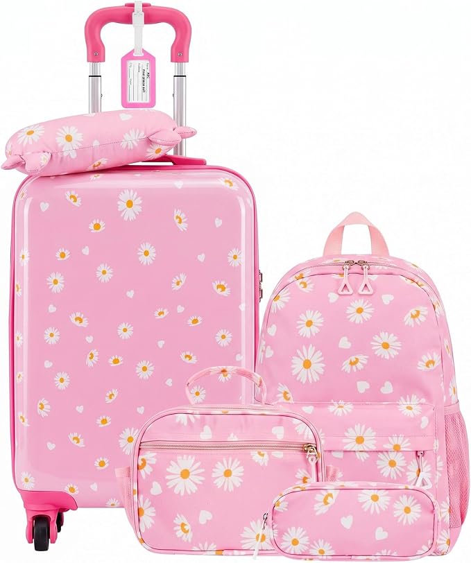 Redbaker 6 Pcs Kids Luggage Set, 17 Inch Rolling Suitcase with Backpack Lunch Bag Neck Pillow, Pink Daisy Travel Set for Summer Vacation Sleepover Back to School Gift by Redbaker