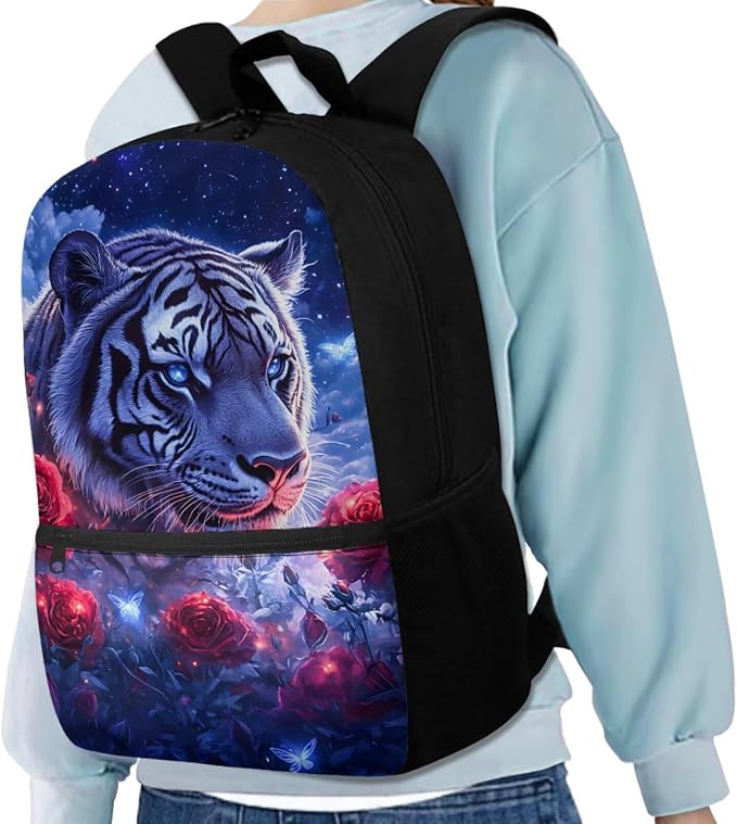 Aesthetic Tiger Backpack for Kids Girls Backpack with Lunch Box Water Bottle Holder and Soft Pencil Case 4PCS Set Lightweight Bookbag with Front Pocket for School 17 inch Sturdy School Bag - Image 2