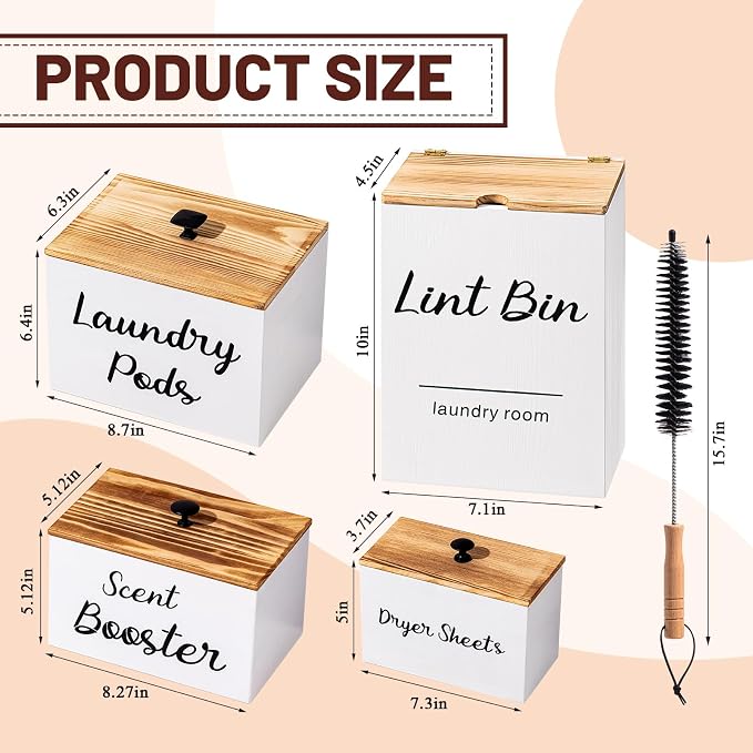 Dandat 4 Pcs Magnetic Laundry Pod Holder Laundry Room Container Set, Lint Bin with Scoop and Brush Dryer Sheet Holder, Scent Booster Container Rustic Gift Wood Farmhouse Room Decorcontainer(White) - Image 2