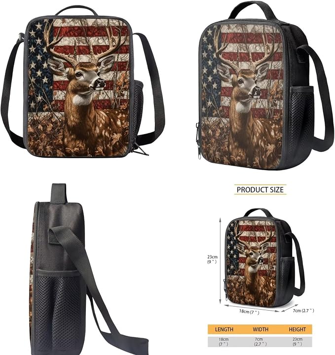 American Flag Backpack with Lunch Box Kids Girls 6-8/8-10 Hunting Deer Bookbags for 1st Grade and Lunch Bag Set Camo Elementary School Back Pack Lunchbox Pencil Case Water Bottle Holder - Image 5