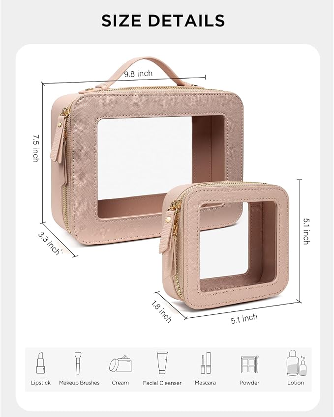 LETGO 2 Pack Clear Travel Toiletry Bag for Women, Large & Mini Waterproof PU TSA Approved Cosmetic Pouches,Portable Beach Vacation Makeup Organizer Set,See Through Skincare Sunscreen Bags for Women - Image 2