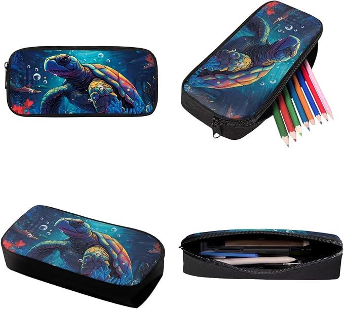 Retro Sea Turtle Print Backpack Set Boys Girls Schoolbag Large Capacity Bookbag Lunch Box Pencil Case 17 Inch Travel Laptop Backpacks Rucksack Fashion Daypack with Zipper - Image 6