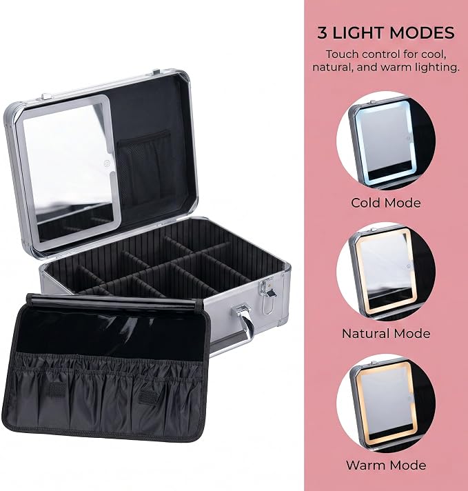 CHENGLIN Extra Large 15 inches Makeup Case with Lighted Mirror – Cosmetic Organizer with Adjustable Dividers, Magnetic LED Mirror, Portable Makeup Suitcase for Women (Silver) - Image 2