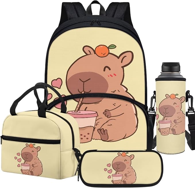 4 Pack Capybara Backpack Cartoon Capybara Schoolbag Sets with Lunch Box Pencil Case Water Holder Sleeve for Boys Girls 7-12,Lightweight Casual Daypack Outdoor Travel Shoulder Ruckpack by FUIBENG
