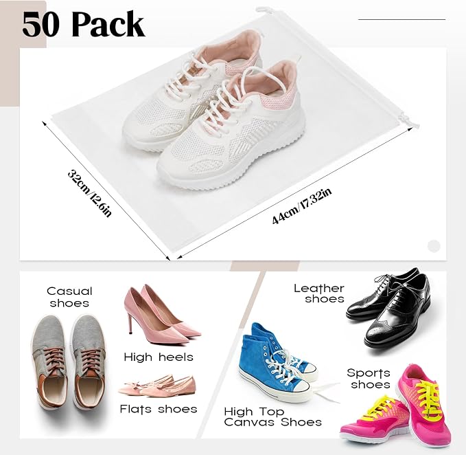 Shappy 50 Pcs White Travel Shoe Bags Non Woven Packing Drawstring Sacks Clear Window Large Storage Pouch Organizer for Men Women - Image 2
