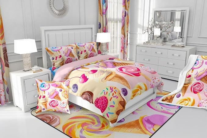 Erosebridal Girls Donuts Comforter Set Queen Size, Dessert Sweet Down Comforter for Kids Children Boys, Ice Cream Girly Pink Duvet Insert Cherry Cake Girly Flower Bedding Comforters for Bedroom - Image 8
