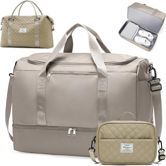 Extra Large Travel Duffle Bag, Carry-On Weekender Bags for Women Travel | Overnight Weekend Bag with Shoes Compartment for Travel Business Trips Sport Hospital,3 Pcs Set,Camel by SYCNB