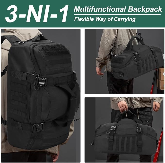 3-in-1 Tactical Gym Duffel Backpack, Travel Sports Bag for Overnight | Works as a range bag or motorcycle backpack, ideal for gym, travel, camping, hunting, and gear organization - Image 4