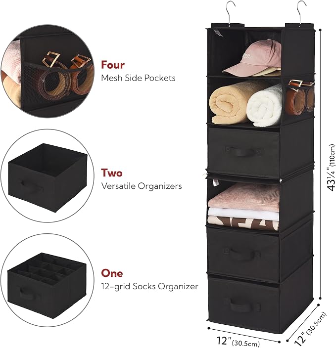 GRANNY SAYS 6-Shelf Hanging Closet Organizers and Storage, Separable to 2 Pack 3-Shelf Closet Hanging Organizer with 3 Drawers, 4 Side Pockets Hanging Shelves for Closet, Nursery, Black - Image 3